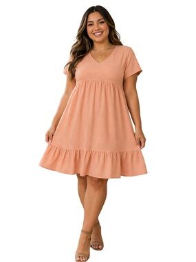 Source Unknown Peach V-Neck Ruffle-Hem Mini Dress